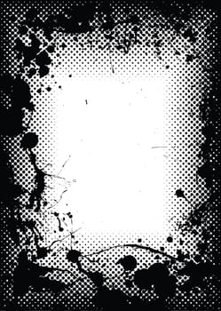 Halftone dot black border or frame with grunge ink splats