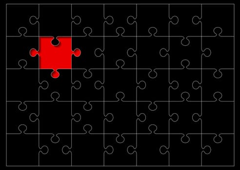 Black jigsaw puzzle with red missing piece and white outline