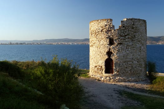 The ruins of an ancient tower in Nessebar, Bulgaria - late in the day as the sun started to set.
