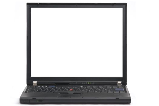 Black laptop isolated on white with blank monitor for copy or images. Clipping path for screen included