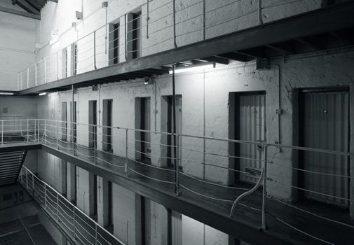 View of prison cell blocks.
