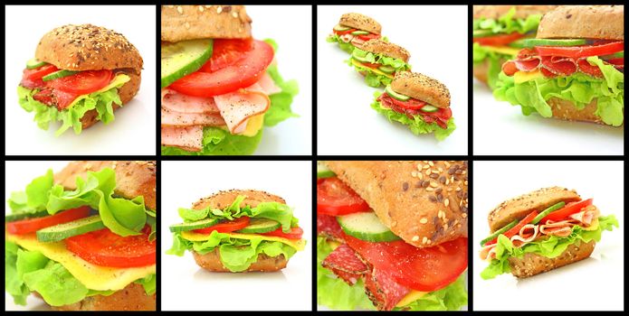 Collage of many different fresh sandwichs with cheese or ham