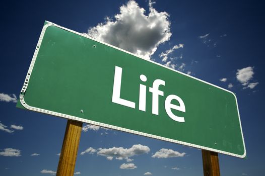 Life Road Sign with dramatic clouds and sky.