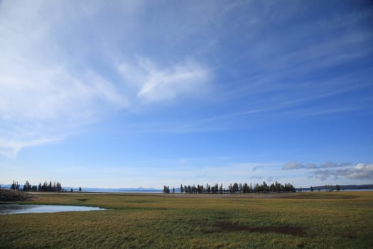 Grassy landscape fronts Yellowstone Lake and distant mountains