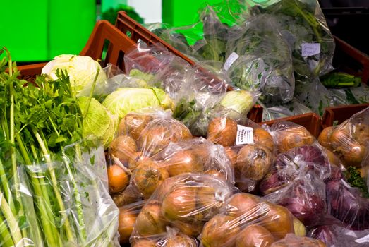 Vegetables at a market stand in Surrey, UK