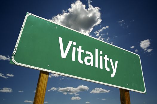 Vitality Road Sign with dramatic clouds and sky.