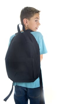 a young boy with a rucksack, for school