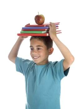 a boy with a pile of books and a healthy apple