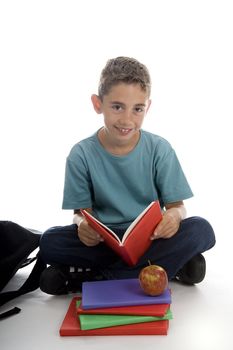 a boy with a lot of books to read