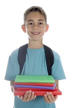 a boy with a pile of books and a rucksack