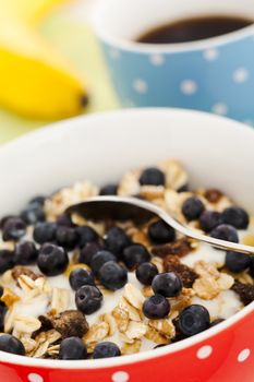 Blueberry yoghurt with coffee and banana
