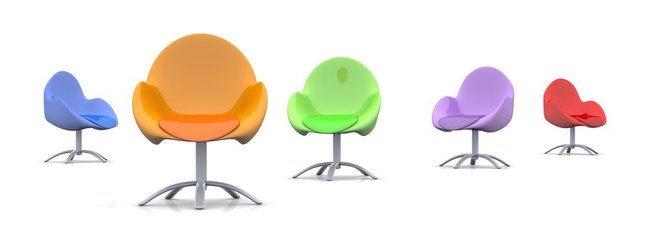 3D rendered Illustration. A group of chairs.