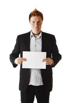 Business man holding a blank note