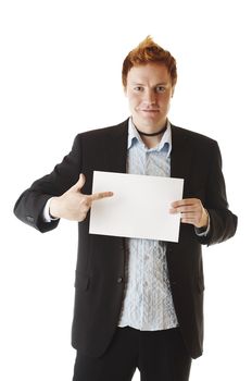 Business man holding a blank note