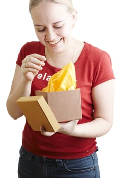 Girl opening package on white background