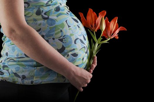 Pregnant lady holding a red/orange flower on a black background