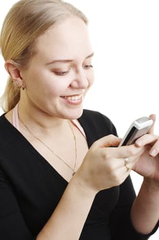 Woman sending a text message on the white background