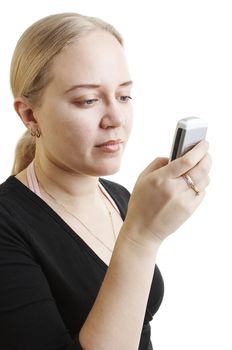 Woman sending a text message on the white background