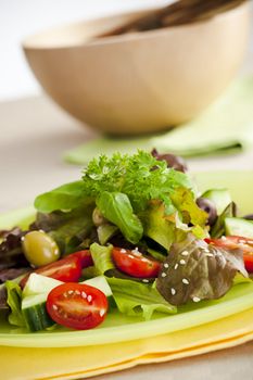 Fresh salad made from lettuce, tomotaoes, cucumber on the kitchen table