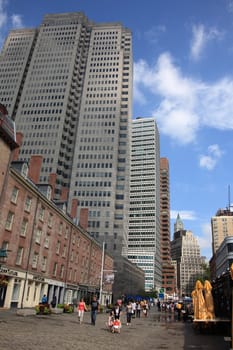 Tourists stroll lower Manhattan district of New York City