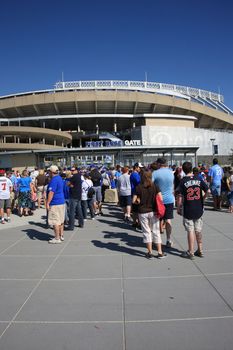 Fans line up to enter the remodeled Royals home ballpark