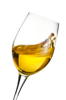 Isolated moving white wine glass over white background