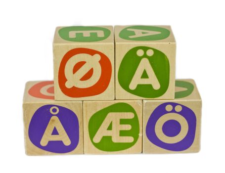 Alphabet blocks with all the Scandinavian and German symbols for the vowels ae, oe and aa. Isolated on white background.