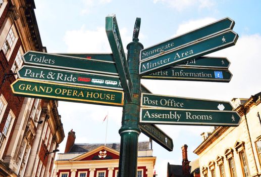 Closeup of tourist sign post in city of York, UK.