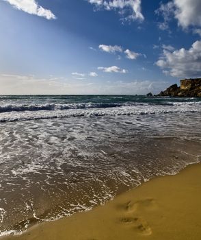 Beautiful scenery on a winter evening in Golden Bay in Malta