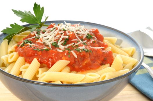Penne pasta with fresh homemade tomato sauce.