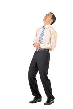 Business man laughing and standing on white background.