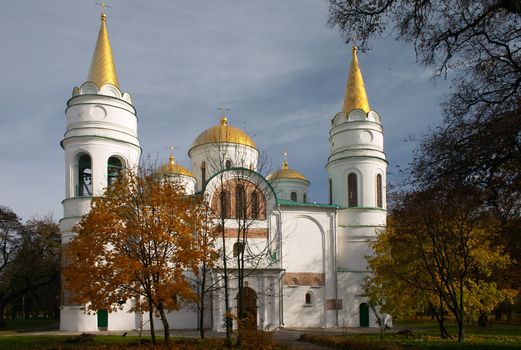 autumn tree and cathedral with gold dome