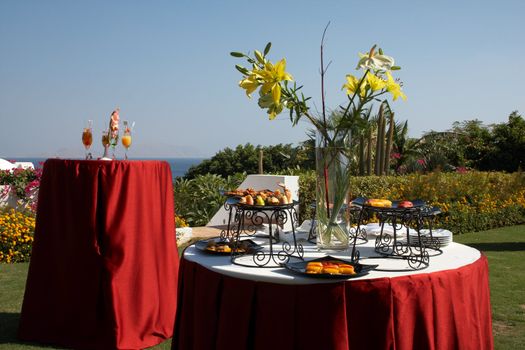 outdoor cocktail party with snacks in seaside resort