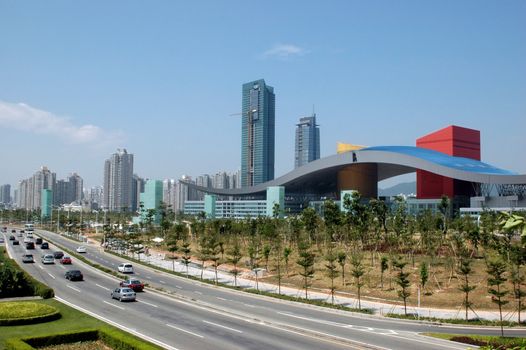 China, Guangdong province, Shenzhen - modern Chinese city, general cityscape with skyscrapers, office buildings and hotels.