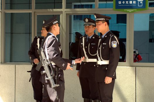 CHINA, SHENZHEN - MARCH 2, 2008: Chinese policeman in elegant uniform durign 'Police Open Day'.