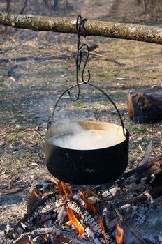 pot wit boiling water on the fire in camping