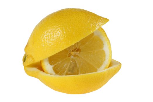 lemon's slice is put in peel isolated on white background
