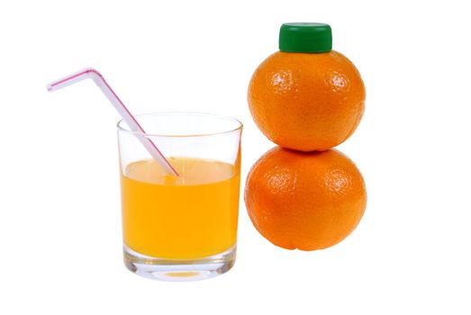 bottle made of orange and glass with juice isolated on white background