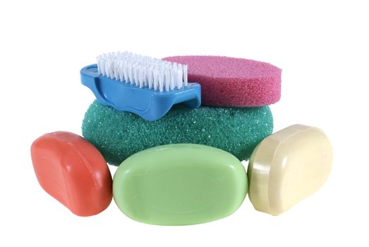 colorful soap with sponge and brush isolated on the white background