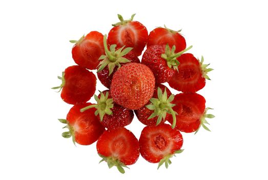 ripe strawberries arranged in a circle isolated on white background