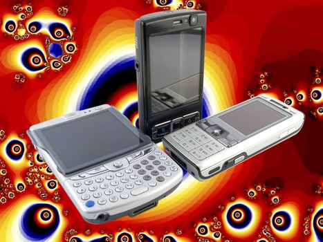 Stack of Several Modern Mobile Phones with Psychedelic Bright Orange Fractal Background