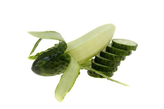 peeled green cucumber with slices isolated on the white background