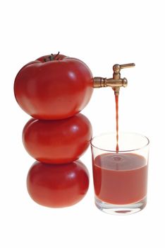 juice flowing from tomato to glass isolated on white background