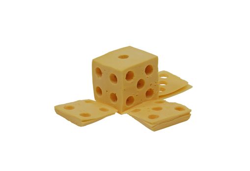 dice from cheese and slices isolated on white background