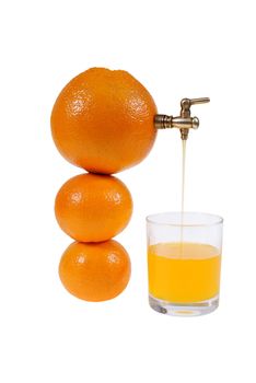 juice flowing from orange to glass isolated on white background