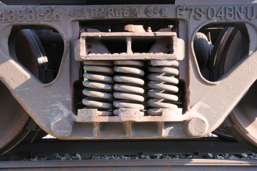 heavy-duty metal springs on the side of a railroad freight car