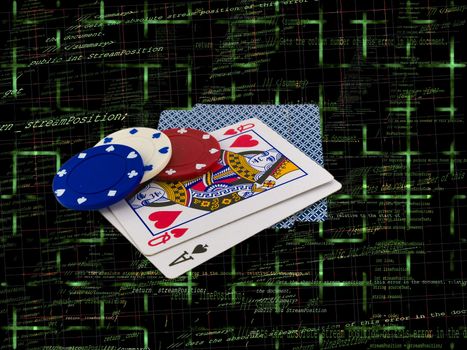 Playing Cards Queen and Ace with Poker Chips over Programming Source Code