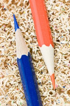 Blue and red wooden pencils in pencil shaving