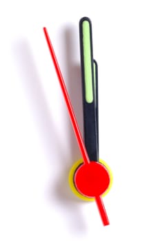 Close up of the hands of a clock, isolated on white, with the second hand approaching midnight (or midday).