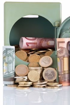 euro coins and notes are kept in a plastic safe